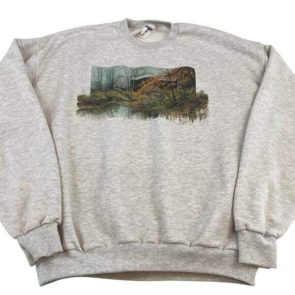 VTG 90s Covered Bridge Fall Leaves Sweatshirt size XL Heather Gray Jerzees - Picture 1 of 8